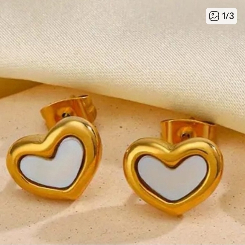 Delicate Shell Inlay, Heart & Round Bead 304 Stainless Steel Earrings